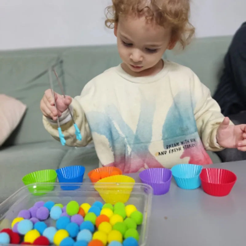 Montessori Sensory Colorful Rainbow Counting Pompoms Children's Toy & Sorting Cups