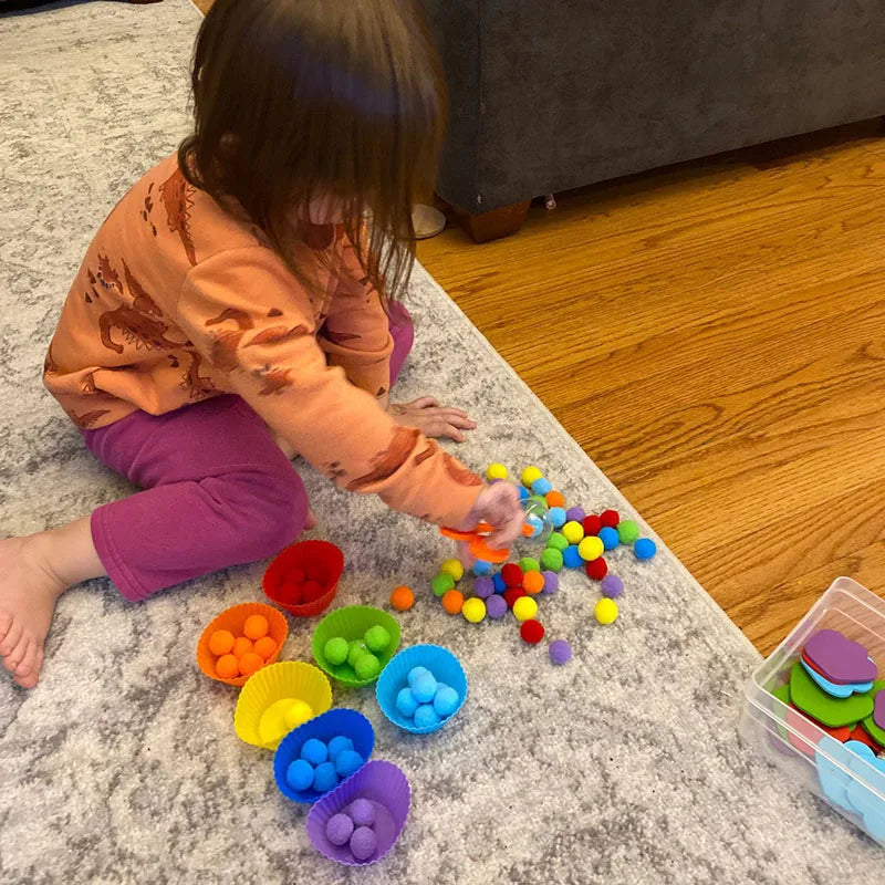 Montessori Sensory Colorful Rainbow Counting Pompoms Children's Toy & Sorting Cups