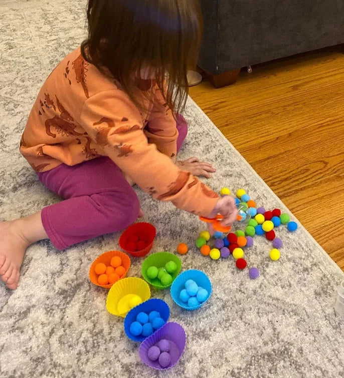 Montessori Sensory Colorful Rainbow Counting Pompoms Children's Toy & Sorting Cups